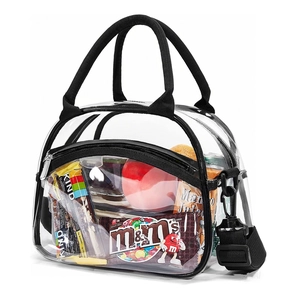 Detail of transparent PVC toiletry bag showing spacious interior and black nylon handles