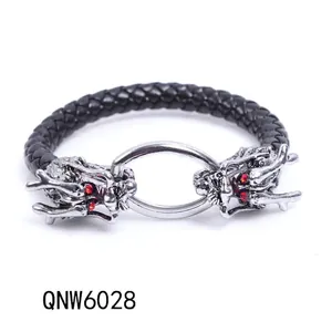 Men's leather braid bracelet with twin dragon heads and red gem eyes holding a metal ring