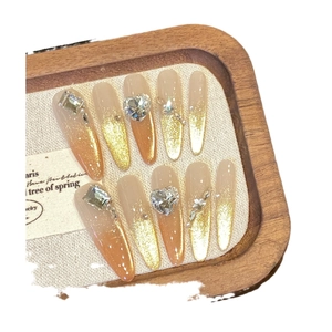 Glitter gradient long almond press-on nails with luxury rhinestones and pearls