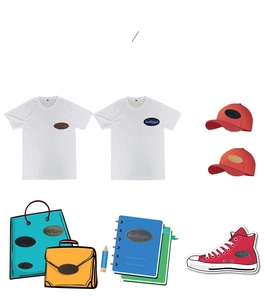 Detail showing application of camouflage embroidery patches on T-shirts and bags