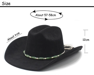Detailed size specifications for the wide brim suede western cowboy hat in black