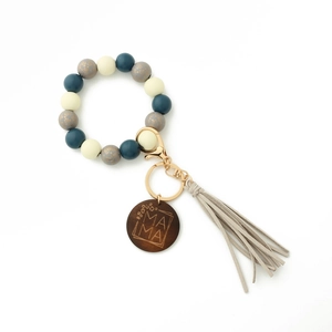 Leopard print silicone beaded keychain bracelet with MAMA wood tag and grey tassel charm
