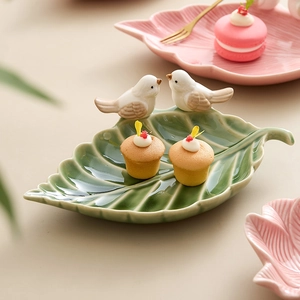 Bird Figurine Ceramic Jewelry Tray Leaf Flower Shaped Decorative Dessert Dish Porcelain Storage Plate For Rings