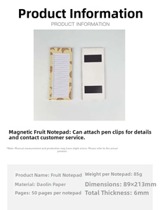 Detail showing specifications of 89x213mm magnetic fruit notepad with dual magnetic strips