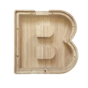 Letter B shaped oak wood piggy bank with transparent acrylic panel for home decor