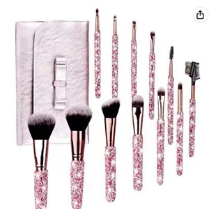 12-piece rhinestone glitter makeup brush set with rose gold accents and pink storage case