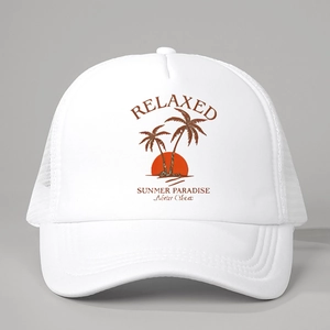White Relaxed trucker cap with palm tree sunset print and breathable mesh back