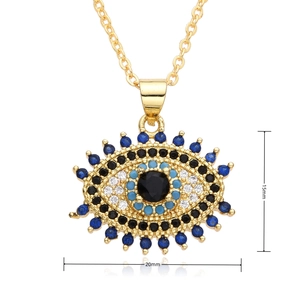 Detail shot showing 15mm by 20mm dimensions of the blue Evil Eye charm necklace