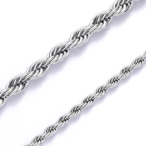 Polished silver stainless steel twist rope chains in 3mm and 5mm width for hip hop jewelry