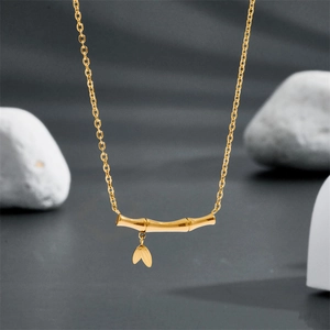 Minimalist Stainless Steel Bamboo Joint Pendant Necklace For Women Gold Plated Leaf Charm Fashion Jewelry Box Chain Necklace