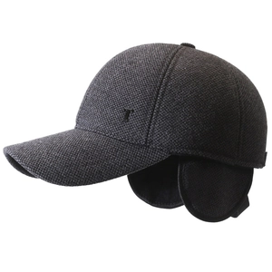 Winter thermal earflap baseball cap for elderly men in dark grey wool blend texture