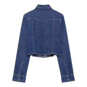 Veste en jean bleu foncé à manches longues, vue de dos avec coutures contrastées