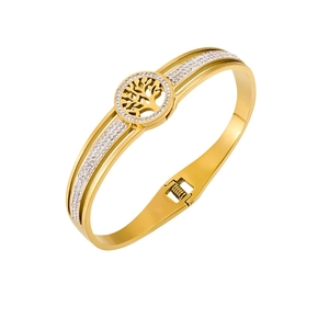Gold stainless steel Tree of Life bangle with sparkling rhinestones and hinge closure