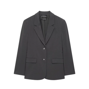 Charcoal grey blazer jacket with belt and peplum design in high-quality woven fabric