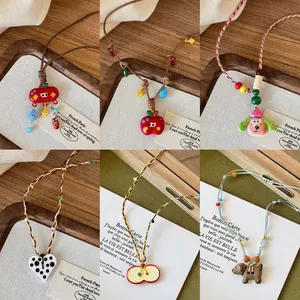 Handmade Woven Pendant Necklace Wax Rope Acrylic Heart Apple Ceramic Dog Sweet Fresh Vacation Jewelry For Women