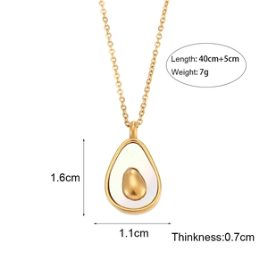 Golden avocado necklace with white shell inlay and detailed product dimensions