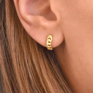 Minimalist S925 silver needle twisted chain gold earrings on model ear view