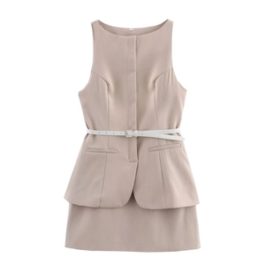 Elegant sleeveless beige two-piece dress set with waist belt for a professional office look