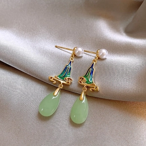 New Chinese style pearl earrings with teal enamel clouds and teardrop stone pendants