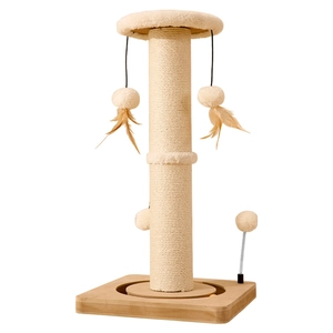 Vertical sisal cat scratching post with plush platform and interactive toy balls
