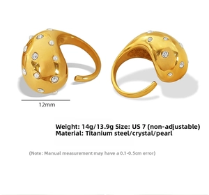 Detail showing 18K gold titanium steel water drop ring with rhinestones and size parameters