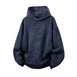 Oversized deep blue hooded sweatshirt with vintage acid wash texture and kangaroo pocket