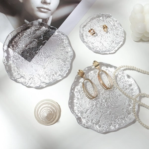 Set of 3 irregular ice-textured glass jewelry trays for photography props and storage