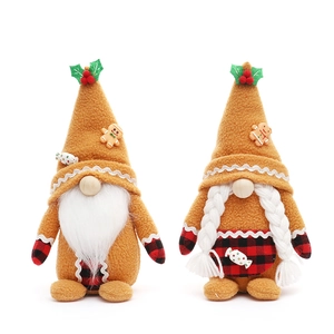 Set of two plush gingerbread gnomes with buffalo plaid accents for Christmas decor