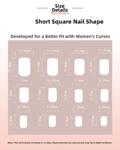 Tableau des tailles détaillé pour ongles carrés courts avec 12 dimensions précises