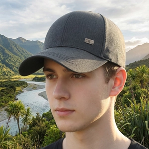 Men's dark gray structured baseball cap for outdoor leisure with silver metal logo side detail