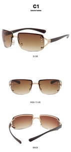 Macro detail of rimless Y2K square sunglasses with sparkling diamond studs and brown lenses