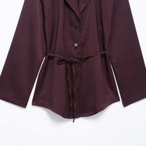 Deep burgundy long sleeve satin shirt with lapel collar and adjustable waist tie