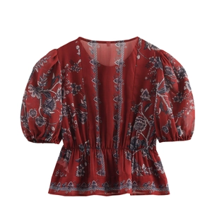 Floral print chiffon short sleeve blouse with elastic waist and puff sleeves for women