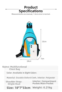 Detailed view of blue and orange oxford chest bag showing dimensions 18x7x33cm and layout