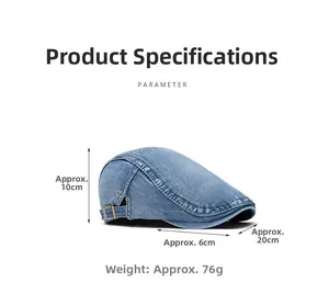 Detailed size parameters of washed denim ivy cap with dimensions and weight info