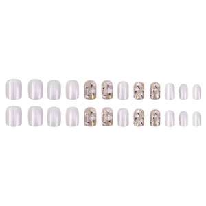 Short round floral press-on nails set with pearl finish and hand-painted flower designs