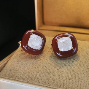 Fashionable square candy stud earrings with brown enamel and clear zircon stones