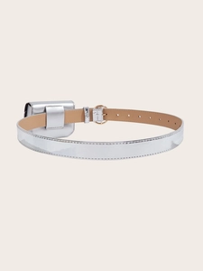 Detailed view of silver metallic belt with rectangular mini pouch and golden D-ring buckle