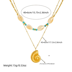 Double-layered stainless steel necklace with gold conch shell and turquoise beads