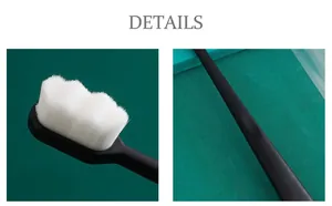 Close-up of fine nano bristles and sleek black matte handle of the soft toothbrush