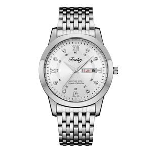 Business quartz watch for men with silver stainless steel band and crystal markers