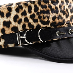 Punk leopard print leather military cap with silver metal rivets and buckle detail