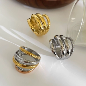 Polished hollow multi-layer stainless steel wide ring in gold, silver, and tricolor set