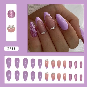Almond-shaped taro purple press-on nails set with glitter and French rhinestone designs