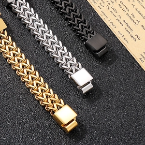 Detailed view of woven style men's titanium steel bracelets in gold, silver, and black finishes