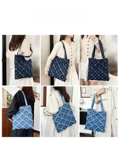 Detailed views of vintage denim tote bags with star quilting and fringe edges on models