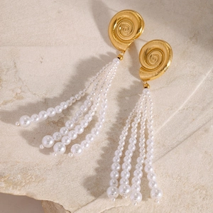 Elegant 18k gold plated spiral metal stud earrings with long white pearl fringe tassels