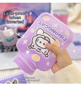Purple plush hot water bottle with cartoon cat illustration and leak-proof safety feature