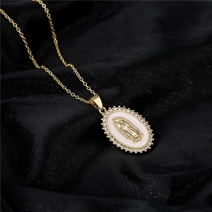 18K gold plated Virgin Mary necklace with white enamel and sparkling zircon accents