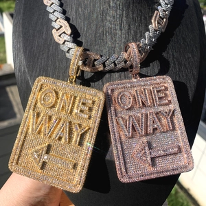 Hip hop shield pendant with One Way lettering and pave cubic zirconia in gold and rose gold